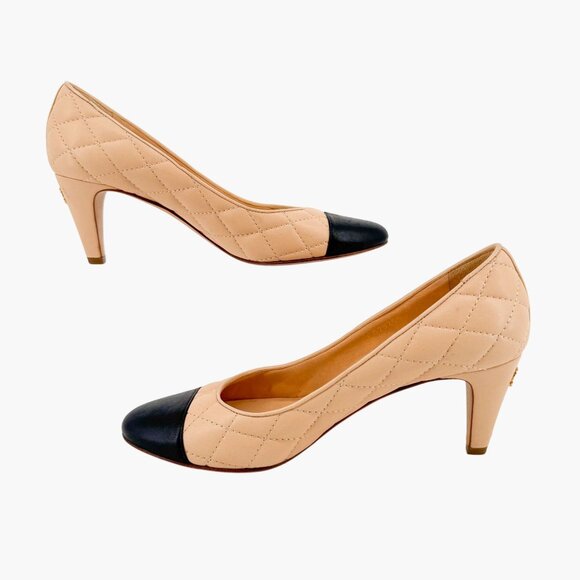 Chanel Quilted Cap Toe CC Pumps Size 36.5 US 5.5-6 Beige Black Low Heel Leather - Picture 10 of 14